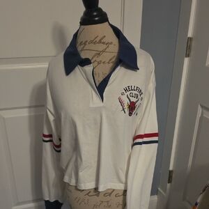 Hellfire Club Long Sleeve Rugby-Style Tee in Cream and Navy